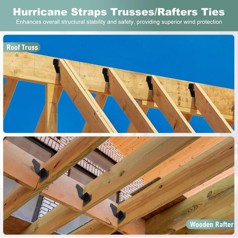 30 Pack Heavy Duty Hurricane Ties Black Powder Coated for Wood Sheds Roofs and Framing, installed on wooden rafters and trusses