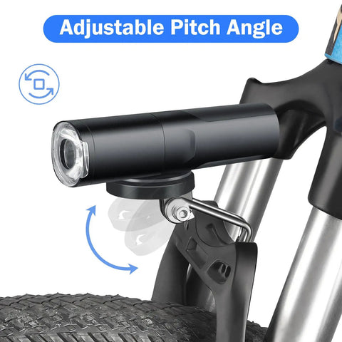 Center Fork Mount Bike Headlight Holder For Cycling Rotatable Steel And Plastic Bracket attached to a bicycle fork.