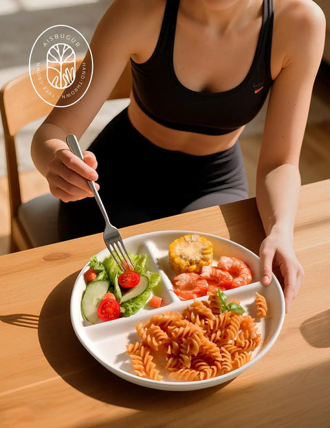 Person using Ceramic Portion Control Plate For Weight Loss With Three Compartments 9 Inch Divided Plate For Adults with food
