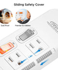 Close-up of Six Outlet Power Strip Surge Protector With Individual Switches And Durable Mountable Design For Under Desk Or Wall Use Protective Case Energy Saving Perfect For Home Office Setup Or Gaming Rig 15A 1875W 6 Ft 14 AWG Cord White showing sliding safety cover and child-friendly features.