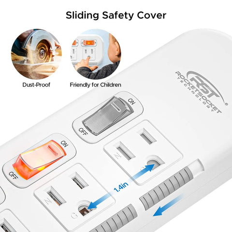 Close-up of Six Outlet Power Strip Surge Protector With Individual Switches And Durable Mountable Design For Under Desk Or Wall Use Protective Case Energy Saving Perfect For Home Office Setup Or Gaming Rig 15A 1875W 6 Ft 14 AWG Cord White showing sliding safety cover and child-friendly features.