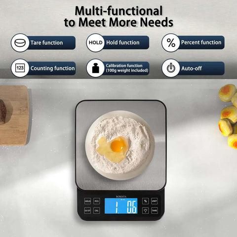 Large Kitchen Scale With 0.1g Precision And 11lb Capacity USB Rechargeable Hold Function with bowl of flour and egg on stainless steel pan