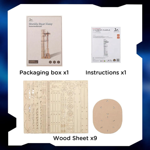 Hands On 3D Wood Puzzle For Adults SpaceX Starship Super Heavy Booster DIY Rocket Model Kit packaging, instructions, and wood sheets