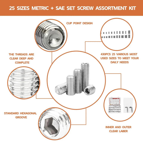 360 Piece Set Screw Kit 25 Size Metric And SAE Allen Screws For Bathroom Fixtures 304 Stainless Steel Internal Hex Drive Cup Point