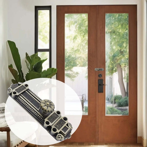 Bronze Slide Door Bolt Gate Security Lock Latch With Mounting Screws installed on a wooden door with glass panels and garden view