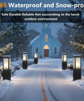 Snow-covered pathway featuring Modern Outdoor Bollard Pathway Lights Rock Solid Black Aluminum Yard Walkway Lamps With Waterproof White Glass.