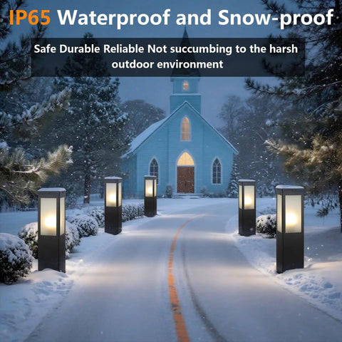 Snow-covered pathway featuring Modern Outdoor Bollard Pathway Lights Rock Solid Black Aluminum Yard Walkway Lamps With Waterproof White Glass.