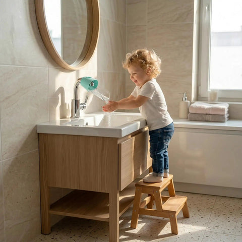 Toddler Faucet Extender 4 Pack Splash Free Sink Water Guide Kid Handwashing Helper Super Handy Bathroom Tap Adapter in use.