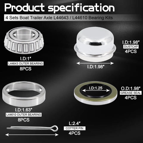 Four Set L44643 Beefy Bearing Kit For 1 Inch Trailer Axle Wheel Hub Includes L44610 Bearings 1.98 Inch Diameter Components