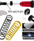 Beefed Up Big Bore RC Shocks Absorbers for 1/10 Kraton 4x4 4S V2 BLX showing red aluminum damper, springs, and CNC machining.