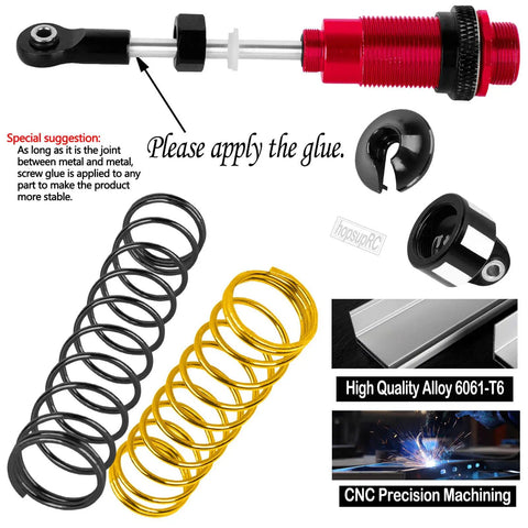 Beefed Up Big Bore RC Shocks Absorbers for 1/10 Kraton 4x4 4S V2 BLX showing red aluminum damper, springs, and CNC machining.