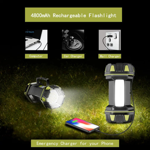 Beast Mode LED High Power Rechargeable Flashlight Lantern With 8 Modes For Outdoor Use Waterproof Spotlight And Camping Lantern 4800mAh Emergency USB Cable Included charging phone