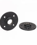 Straight Up Heavy Duty Black Pipe Flange Fitting Set For Wall Mount Towel Bar, Vintage Rustic Farmhouse Decor, Built Like A Tank Malleable Iron DIY Threaded Holder, 2 Pack showing two black iron flanges.
