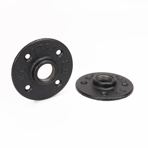 Straight Up Heavy Duty Black Pipe Flange Fitting Set For Wall Mount Towel Bar, Vintage Rustic Farmhouse Decor, Built Like A Tank Malleable Iron DIY Threaded Holder, 2 Pack showing two black iron flanges.
