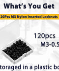 M3 Nylon Insert Hex Lock Nuts 120 Pack Self Locking Carbon Steel With 5.5mm Hex Size And M3 Pitch 0.5mm In Plastic Box