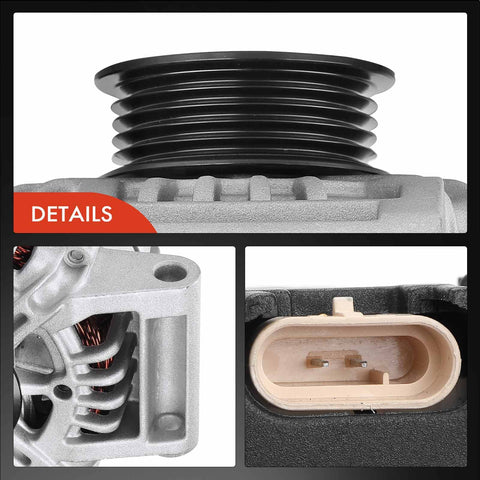 Close-up view of Beefy 12V 115A Clockwise 5 Groove Alternator Replacement for Chevrolet Malibu and Saturn Ion.
