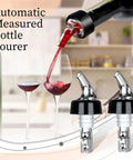 Automatic Measured Bottle Pourer For Party Ready Drinks Quick Shot Spirit Measure 1 Ounce 30 Milliliters Per Pour Durable Virgin Plastic Fits Most Bottles No Collar Design Reduces Waste Ideal Home Bar Tools 4 Pack in bottle and glass