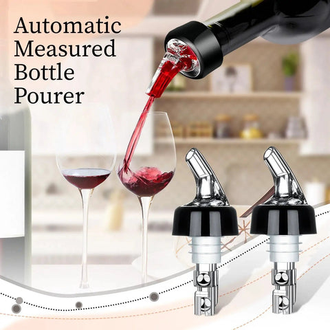Automatic Measured Bottle Pourer For Party Ready Drinks Quick Shot Spirit Measure 1 Ounce 30 Milliliters Per Pour Durable Virgin Plastic Fits Most Bottles No Collar Design Reduces Waste Ideal Home Bar Tools 4 Pack in bottle and glass