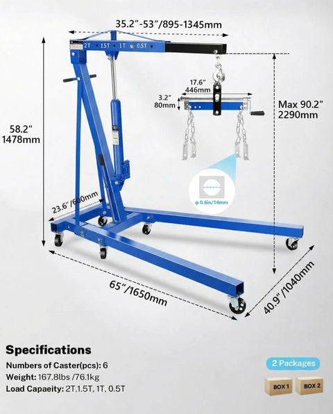 Heavy Duty Two Ton Shop Crane Engine Hoist Smooth Hydraulic Lifter For Auto Shops showing specs and dimensions in blue steel.