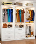 Straight Up Heavy Duty White Modular Walk In Closet Organizer Kit With Six Smooth Glide Drawers and hanging clothes.