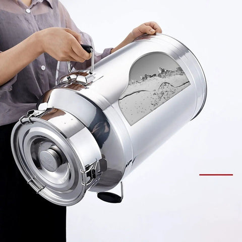 Heavy Duty 12-68 Gallon Stainless Steel Storage Bucket with Sealed Lids For Rice Grains Coffee Beans Dog Food Oil And Milk Can Jug Container held with water inside.