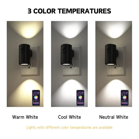 Smart Night Light Wall Mount 2 Pack with Remote and App Control, showing warm, cool, and neutral white color options on wall