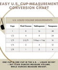 Easy U.S. cup measurement conversion chart with cup, fluid ounces, tablespoons, and teaspoons columns.