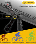 Adjustable 31.8mm Bike Stem With 120 Degree Ergonomic MTB Angle 6061 T6 Aluminum Riser in black, multiple angles shown.