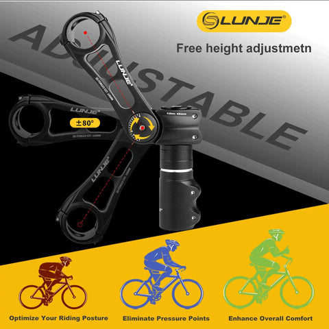 Adjustable 31.8mm Bike Stem With 120 Degree Ergonomic MTB Angle 6061 T6 Aluminum Riser in black, multiple angles shown.