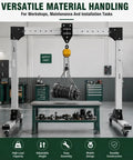 Straight Up Adjustable Aluminum Gantry Crane Kit With Manual Chain Hoist For Heavy Lifting Gear moves a heavy engine part above a work table.