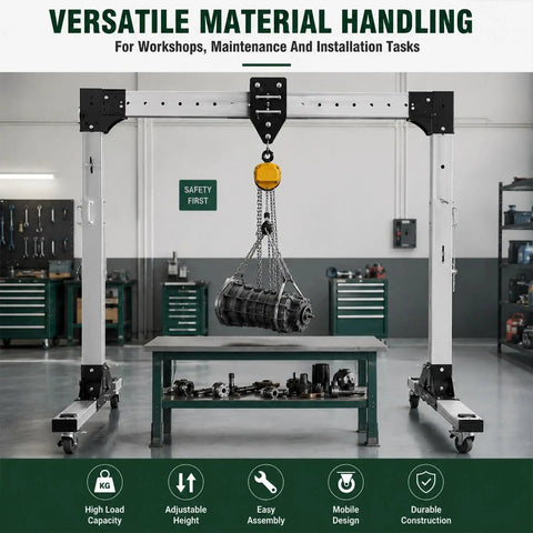 Straight Up Adjustable Aluminum Gantry Crane Kit With Manual Chain Hoist For Heavy Lifting Gear moves a heavy engine part above a work table.