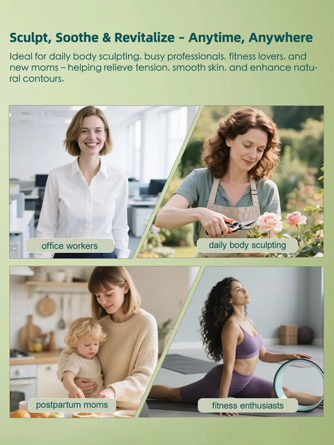 Collage showing a diverse group of people: an office worker, a woman gardening, a mother with her child, and a woman doing yoga.