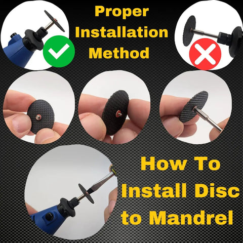 Guide on installing Heavy Duty 50 Pack Rotary Tool Metal Cutting Discs With Four Mandrels For 1/8 Inch Tools to mandrel.