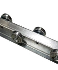 Close-up of Heavy Duty Roller Conveyor System With Galvanized Steel Rails And Staggered Skate Wheels For Pallets And Cargo On Trucks And Trailers
