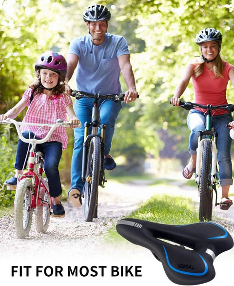 Family biking with Comfy Gel Memory Foam Bike Seat for Men And Women, waterproof soft saddle, anti-slip cover visible in corner