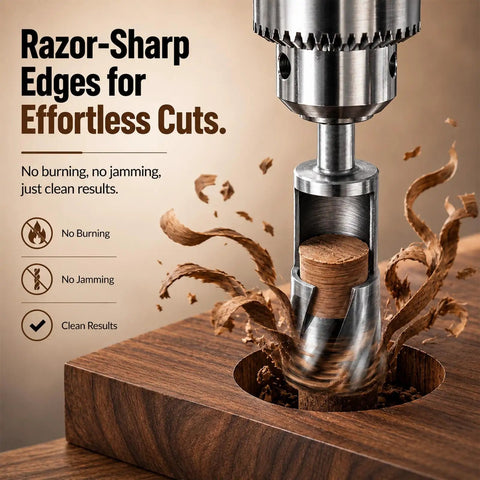 Bulletproof Six Piece Woodworking Dowel Plug Cutter Set For Plowing Through Thick Lumber And Snapping Tenons With Heavy Duty Steel Blades And Solid Wooden Carry Case, showcasing sharp cuts in a wooden piece.
