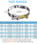 T Bolt Hose Clamp Set 58-65mm with size chart for 2 Inch Hoses, stainless steel, showing adjustable clamp range and dimensions.