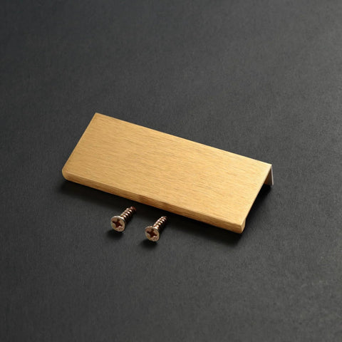 Brushed Gold Aluminum Alloy Concealed Drawer Pulls 2 Pack For Cabinets And Doors, 80mm Flat Finger Pull with screws on dark background