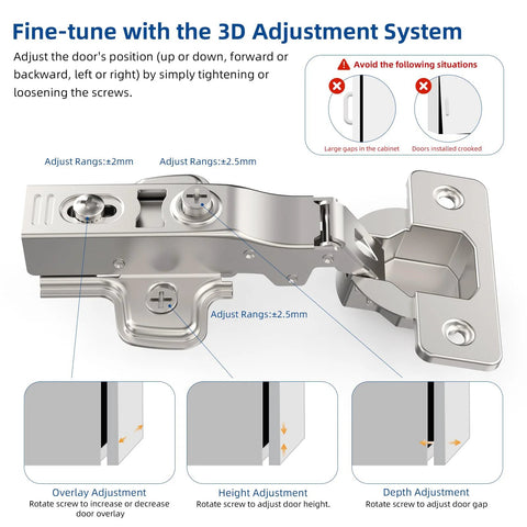 Full Overlay Soft Close Concealed Frameless Cabinet Hinges 50 Pack Satin Nickel Clip On Self Closing 3D Adjustable Stainless Steel