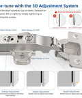 Diagram of 2 Pack Full Overlay Soft Close Concealed Frameless Cabinet Hinges Satin Nickel 105 Degree Opening Self Closing With 3D Adjustment