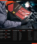 Mechanic holding box of High Performance Pre Oiled Engine Air Filter For Infiniti Nissan Subaru Saab, showing packaging and compatible models chart.