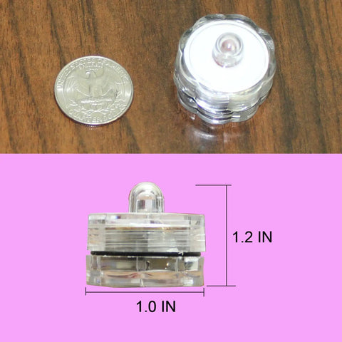 Amber LED Floral Tea Light Submersible next to a coin, showing size comparison and 1.2x1.0 inch dimensions