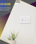 Triple Light Switch Wall Plate 3 Gang Gloss White Tough As Nails Polycarbonate Thermoplastic Unbreakable Build 4.50 Inch By 6.38 Inch Heat And Fade Resistant UL94 V2 Rated installed on a beige wall with a potted plant below in a modern room setting.