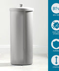 Discreet Floor Standing Toilet Paper Holder With Lid For 3 Extra Rolls In Silver beside feature icons on white background