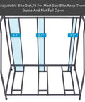 Three Bike Stand Rack For Garage Storage And Indoor Outdoor Use with adjustable slots for 4.2, 2.5, and 1.2 inch widths
