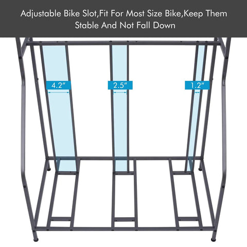 Three Bike Stand Rack For Garage Storage And Indoor Outdoor Use with adjustable slots for 4.2, 2.5, and 1.2 inch widths