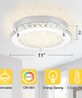 Crystal Flush Mount Ceiling Light 18W LED Dimmable Modern Fixture 11 Inch Diameter Three Color Temperatures 3000K 4000K 5000K 1980 Lumens