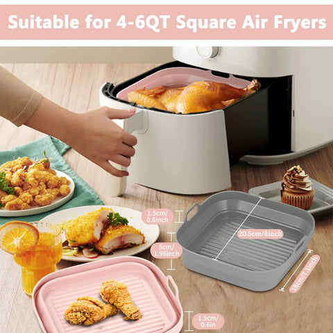 2 Pack 8 Inch Foldable Square Silicone Air Fryer Liners For 4 Qt To 6 Qt, Reusable Inserts, Grey and Pink liners with food