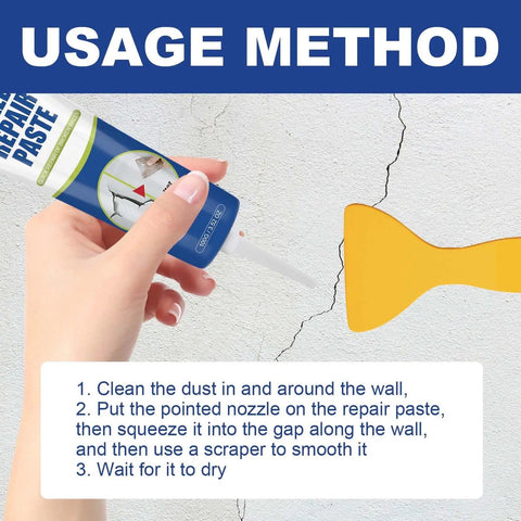 Hand using Patch Kit For Drywall Holes With Scraper, Quick-Dry Spackle Paste For Large Wall Repairs next to cracked wall