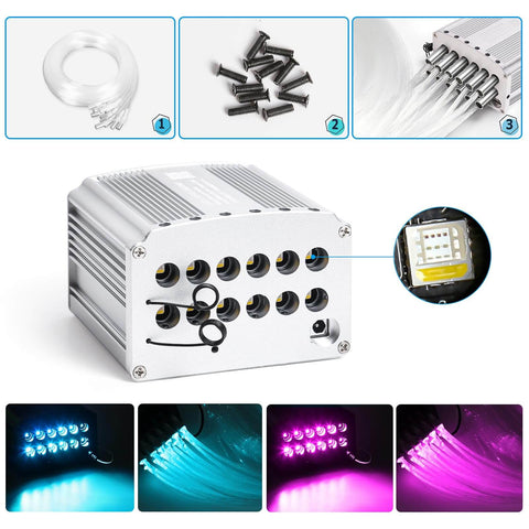 Car Starlight Headliner Kit With Dope 4 Color Fiber Optic Ceiling Lights 32W Engine, screws, connectors, and lighting effects display